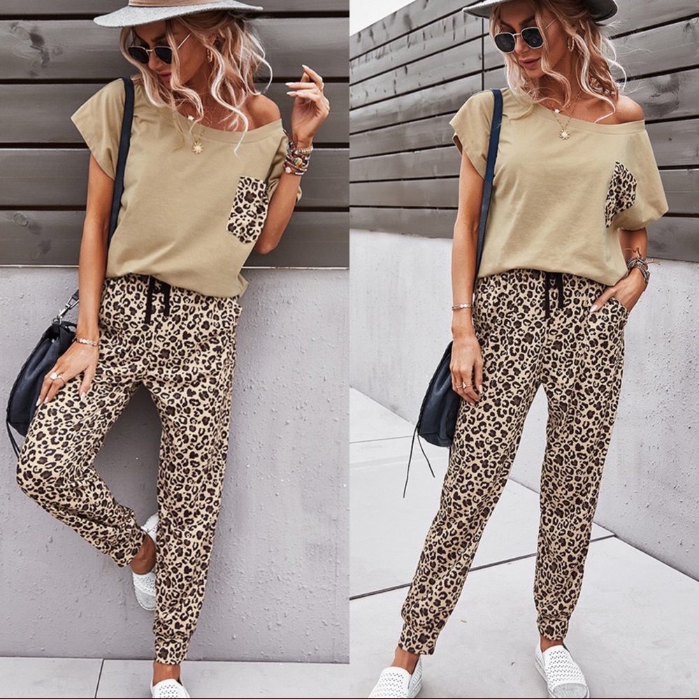 Leopard Print Shirt & Joggers Set Tan